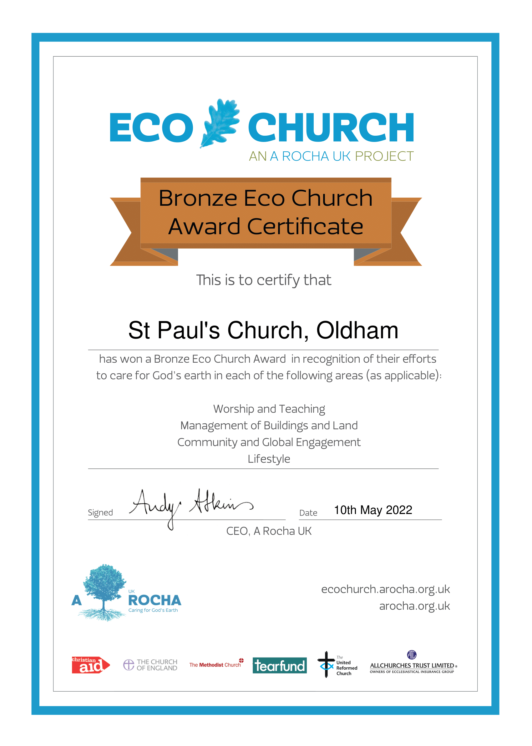 Bronze Eco Church Certificate